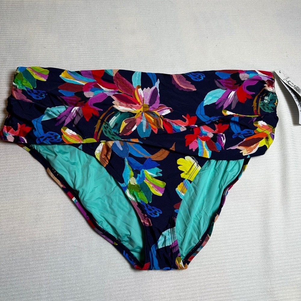 La Blanca Tummy Control Swim Bottoms Navy Floral Print Size 22W Ruched Waist NWT